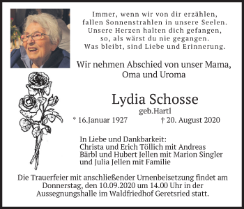 Todesanzeige von Lydia Schosse von merkurtz