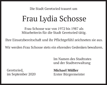 Todesanzeige von Lydia Schosse von merkurtz