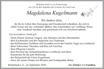 Todesanzeige von Magdalena Kugelmann von merkurtz