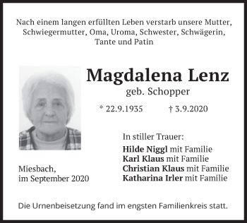 Todesanzeige von Magdalena Lenz von merkurtz