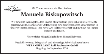Todesanzeige von Manuela Biskupowitsch von merkurtz