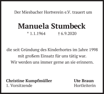 Todesanzeige von Manuela Stumbeck von merkurtz