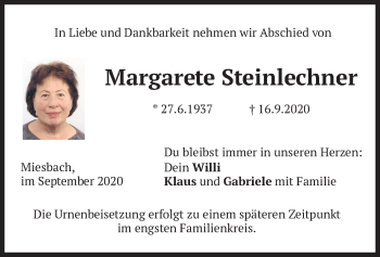 Todesanzeige von Margarete Steinlechner von merkurtz