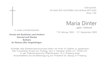 Todesanzeige von Maria Dinter von merkurtz