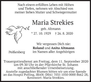 Todesanzeige von Maria Strekies von merkurtz