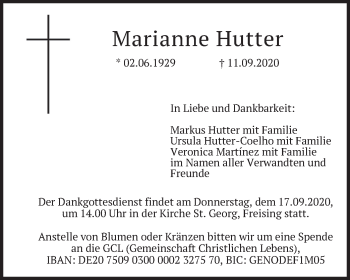 Todesanzeige von Marianne Hutter von merkurtz