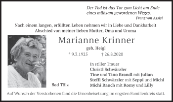 Todesanzeige von Marianne Krinner von merkurtz
