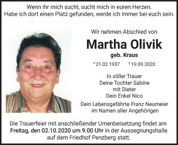 Todesanzeige von Martha Olivik von Das Gelbe Blatt Penzberg