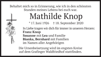 Todesanzeige von Mathilde Knop von merkurtz