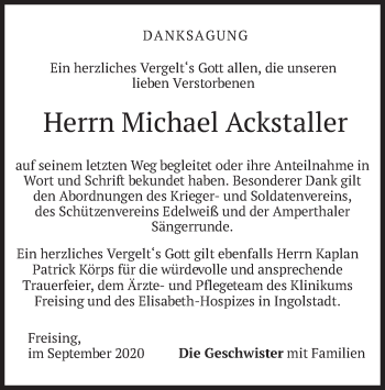 Todesanzeige von Michael Ackstaller von merkurtz