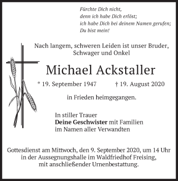 Todesanzeige von Michael Ackstaller von merkurtz