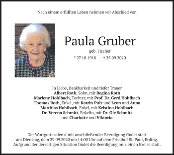 Todesanzeige von Paula Gruber von merkurtz