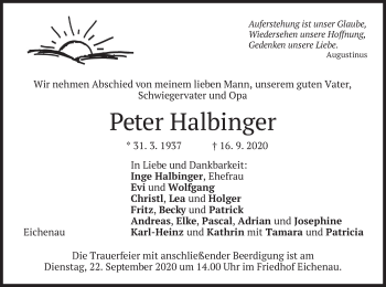 Todesanzeige von Peter Halbinger von merkurtz