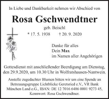 Todesanzeige von Rosa Gschwendtner von merkurtz