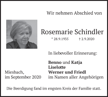 Todesanzeige von Rosemarie Schindler von merkurtz