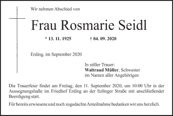 Todesanzeige von Rosmarie Seidl von merkurtz