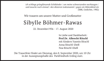 Todesanzeige von Sibylle Böhmer-Rawas von merkurtz