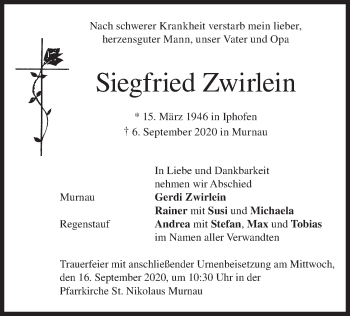 Todesanzeige von Siegfried Zwirlein von merkurtz