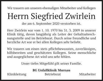 Todesanzeige von Siegfried Zwirlein von merkurtz