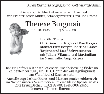 Todesanzeige von Therese Burgmair von merkurtz