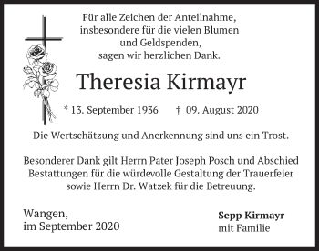 Todesanzeige von Theresia Kirmayr von merkurtz