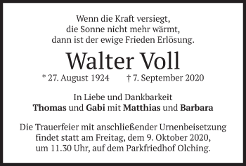 Todesanzeige von Walter Voll von merkurtz