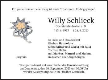 Todesanzeige von Willy Schlieck von merkurtz