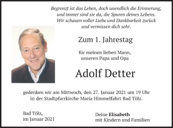 Todesanzeige von Adolf Detter von merkurtz