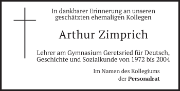 Todesanzeige von Arthur Zimprich von merkurtz