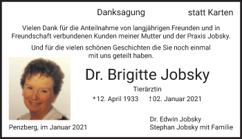 Todesanzeige von Brigitte Jobsky von Das Gelbe Blatt Penzberg