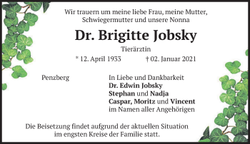 Todesanzeige von Brigitte Jobsky von Das Gelbe Blatt Penzberg