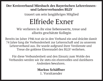Todesanzeige von Elfriede Exner von merkurtz