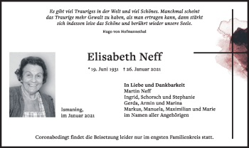 Todesanzeige von Elisabeth Neff von merkurtz