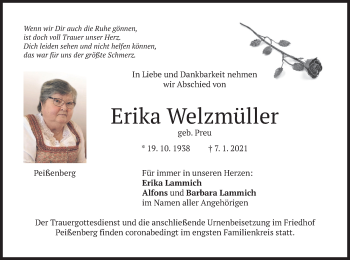 Todesanzeige von Erika Welzmüller von merkurtz