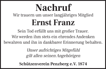 Todesanzeige von Ernst Franz von Das Gelbe Blatt Penzberg