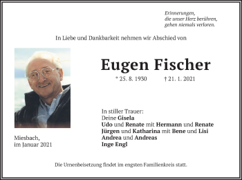 Todesanzeige von Eugen Fischer von merkurtz