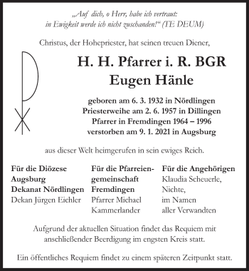 Todesanzeige von Eugen Hänle von merkurtz