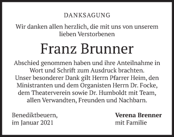 Todesanzeige von Franz Brenner von merkurtz