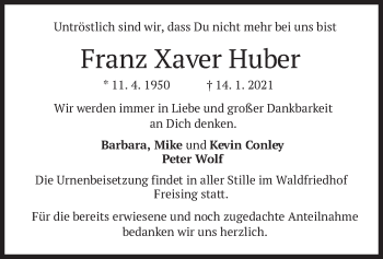 Todesanzeige von Franz Xaver Huber von merkurtz