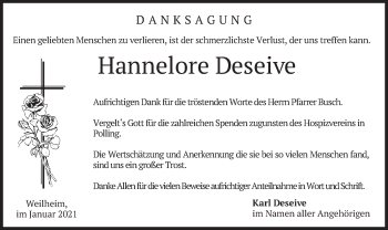 Todesanzeige von Hannelore Deseive von merkurtz