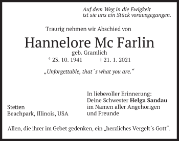 Todesanzeige von Hannelore Mc Farlin von merkurtz