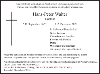 Todesanzeige von Hans-Peter Walter von merkurtz