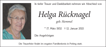 Todesanzeige von Helga Rücknagel von merkurtz