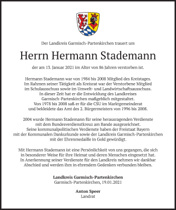Todesanzeige von Hermann Stademann von merkurtz