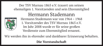 Todesanzeige von Hermann Stademann von merkurtz