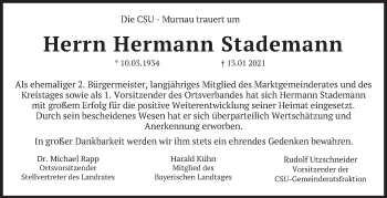 Todesanzeige von Hermann Stademann von merkurtz