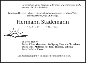 Todesanzeige von Hermann Stademann von merkurtz