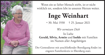 Todesanzeige von Inge Weinhart von merkurtz