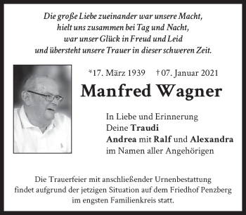 Todesanzeige von Manfred Wagner von Das Gelbe Blatt Penzberg