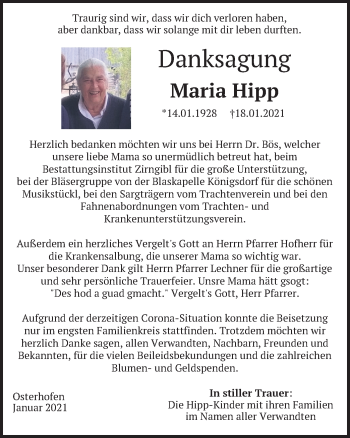 Todesanzeige von Maria Hipp von merkurtz